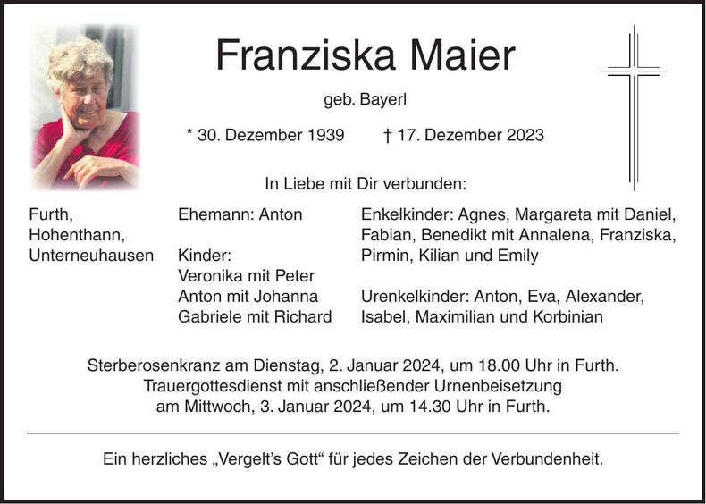 Traueranzeige Franziska Maier