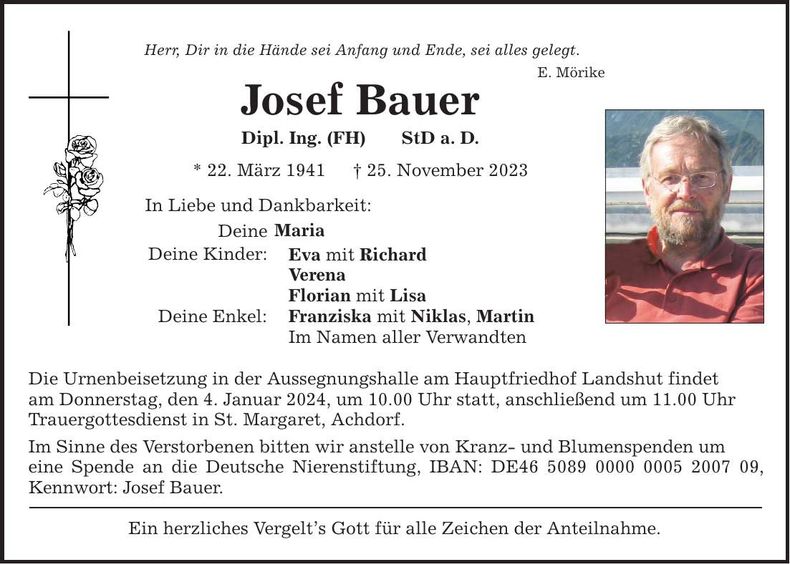 Traueranzeige Josef Bauer