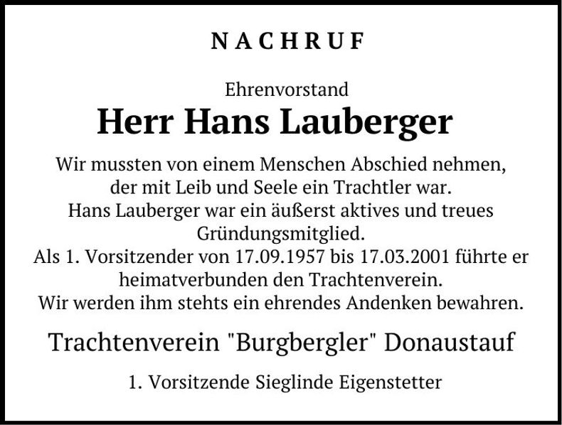 Traueranzeige Hans Lauberger