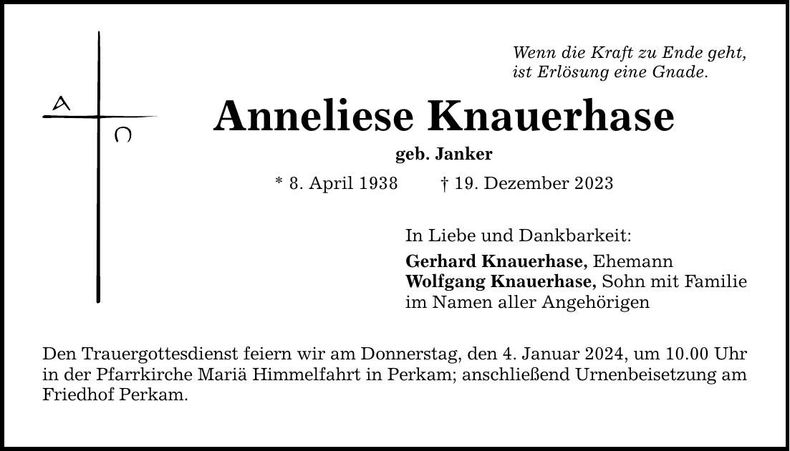 Traueranzeige Anneliese Knauerhase