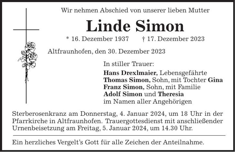Traueranzeige Linde Simon