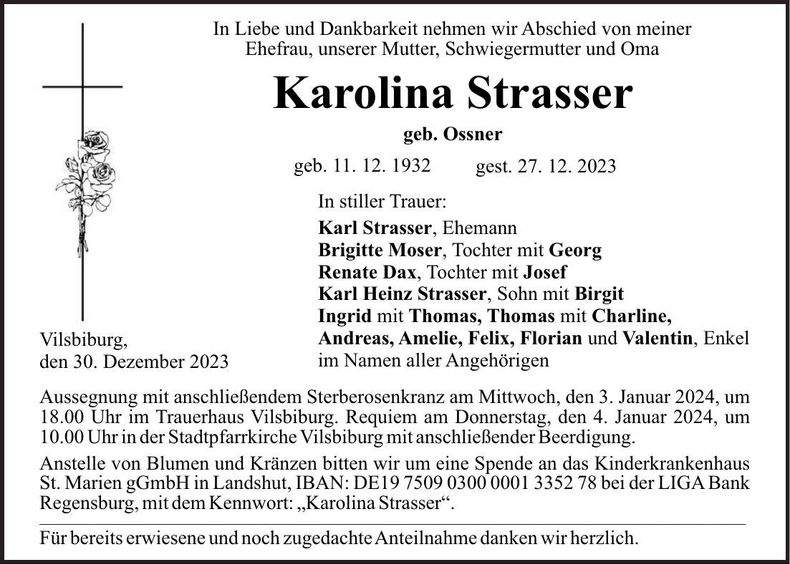 Traueranzeige Karolina Strasser
