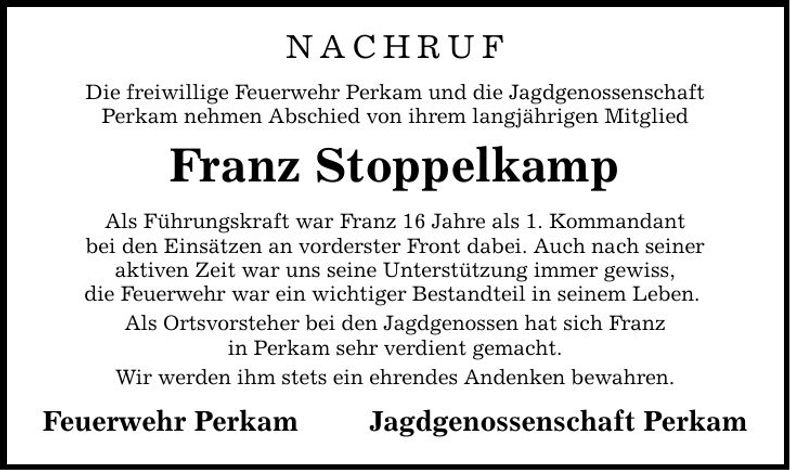 Traueranzeige Franz Stoppelkamp