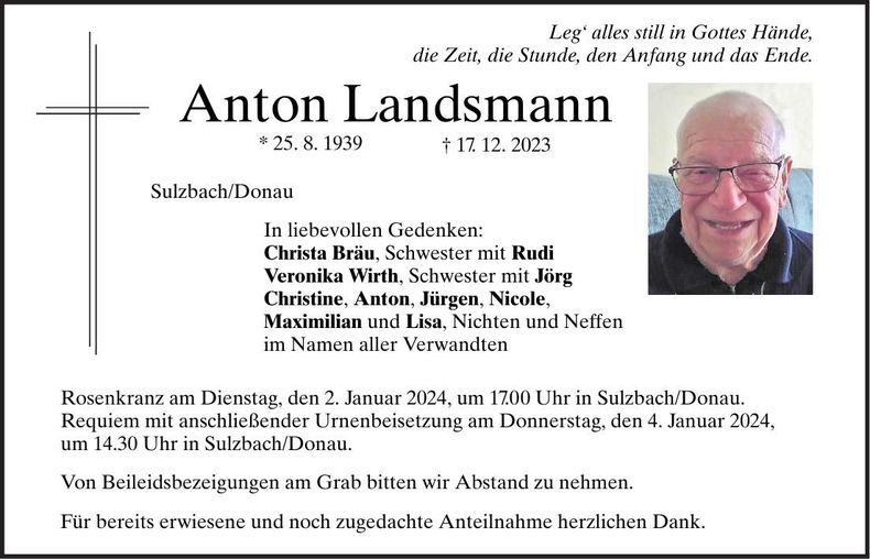 Traueranzeige Anton Landsmann
