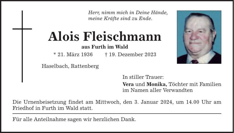 Traueranzeige Alois Fleischmann
