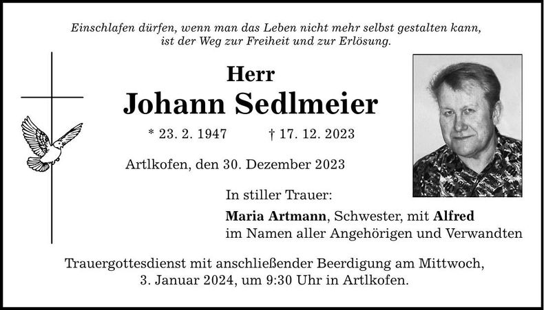 Traueranzeige Johann Sedlmeier