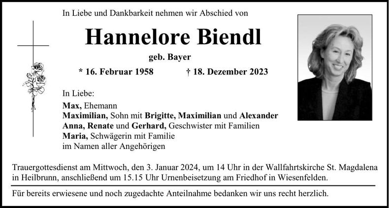 Traueranzeige Hannelore Biendl