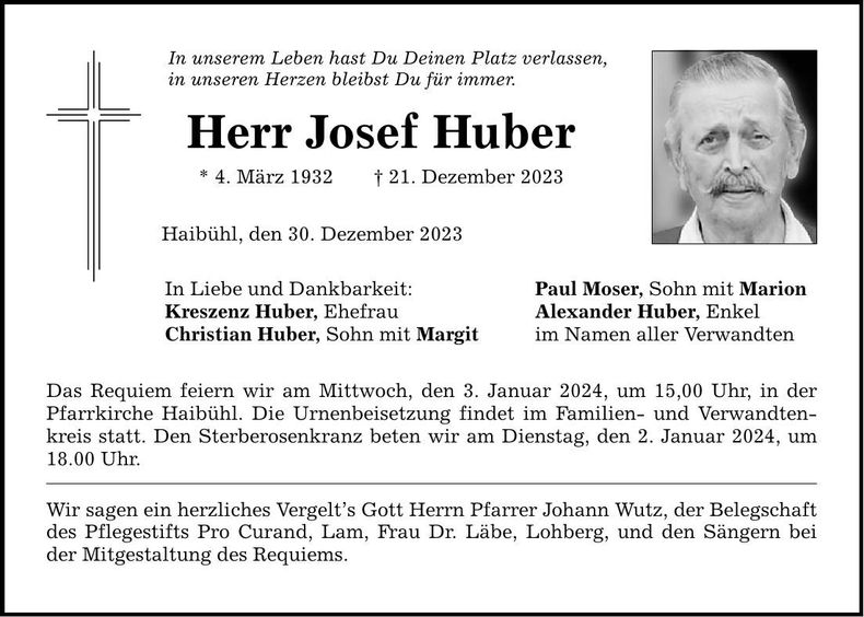 Traueranzeige Josef Huber