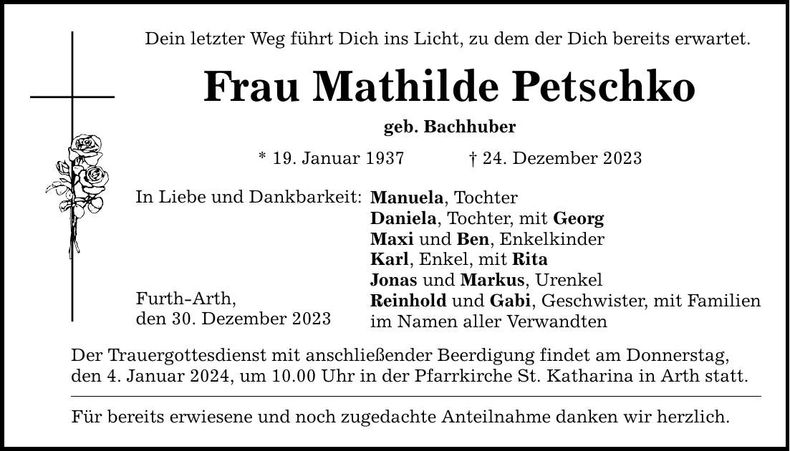 Traueranzeige Mathilde Petschko