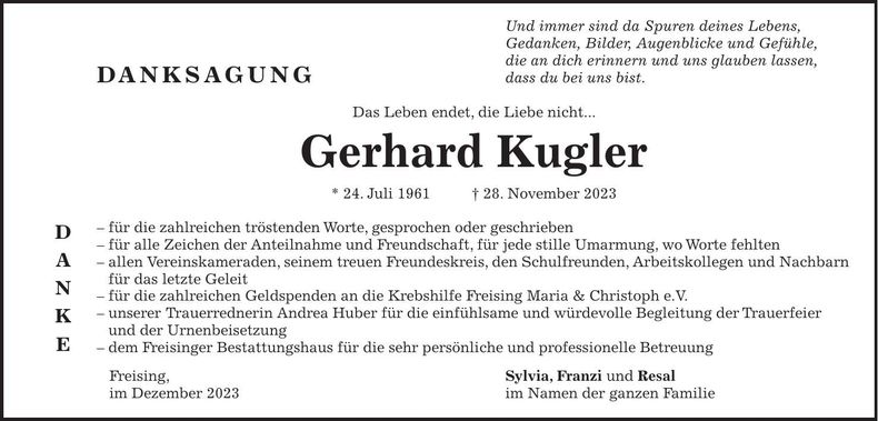 Traueranzeige Gerhard Kugler