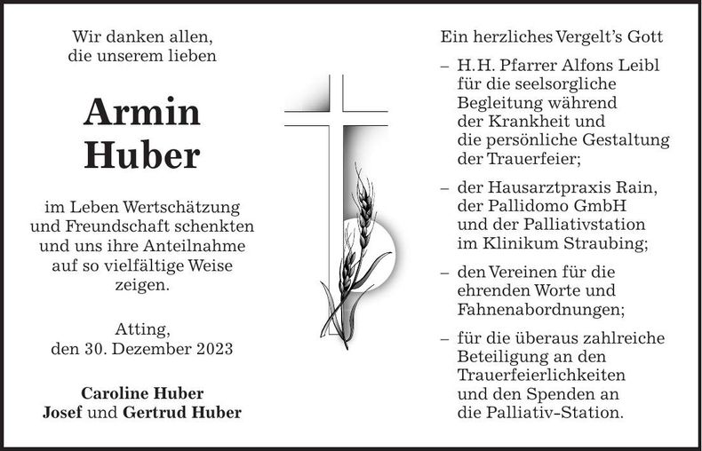 Traueranzeige Armin Huber