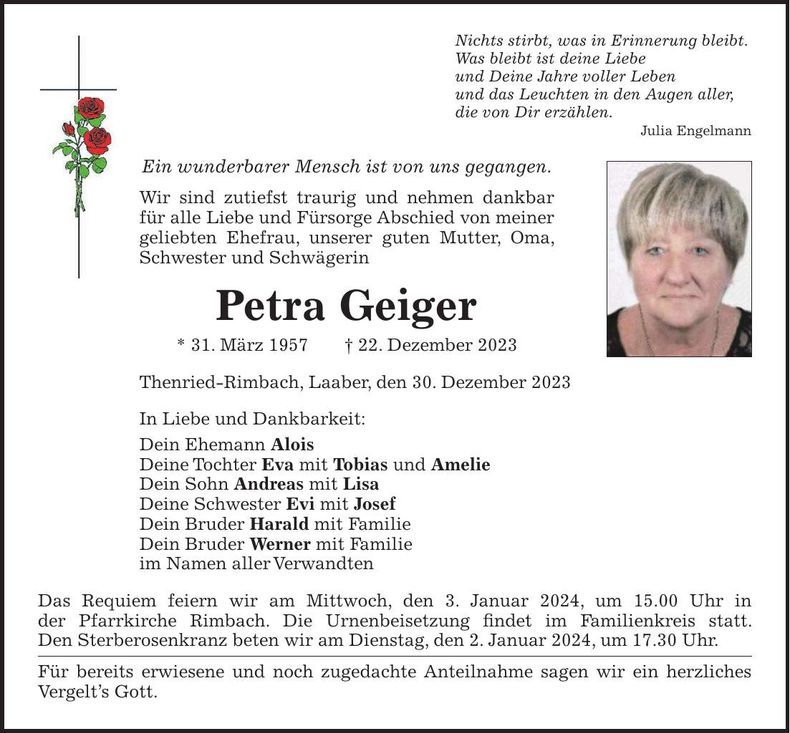 Traueranzeige Petra Geiger