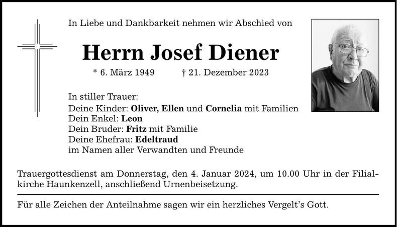 Traueranzeige Josef Diener