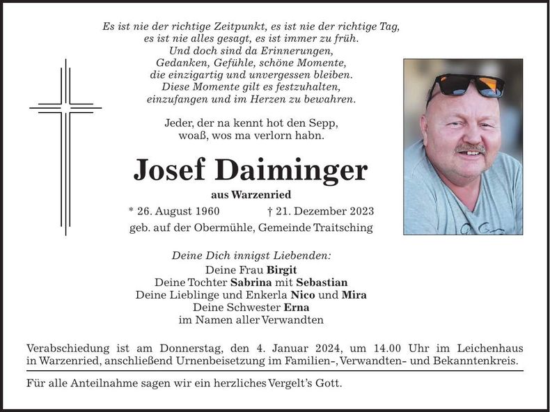 Traueranzeige Josef Daiminger