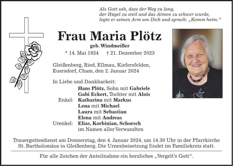 Traueranzeige Maria Plötz