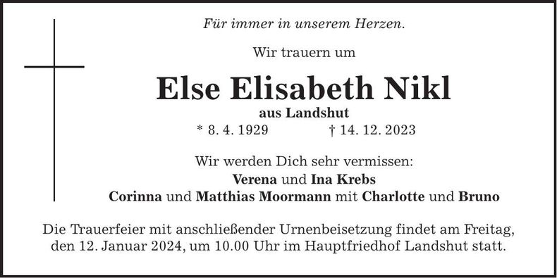 Traueranzeige Else Elisabeth Nikl