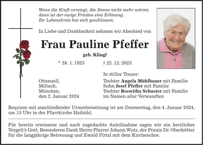 Traueranzeige Pauline Pfeffer