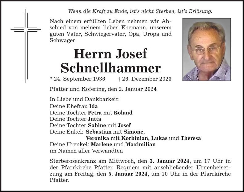 Traueranzeige Josef Schnellhammer