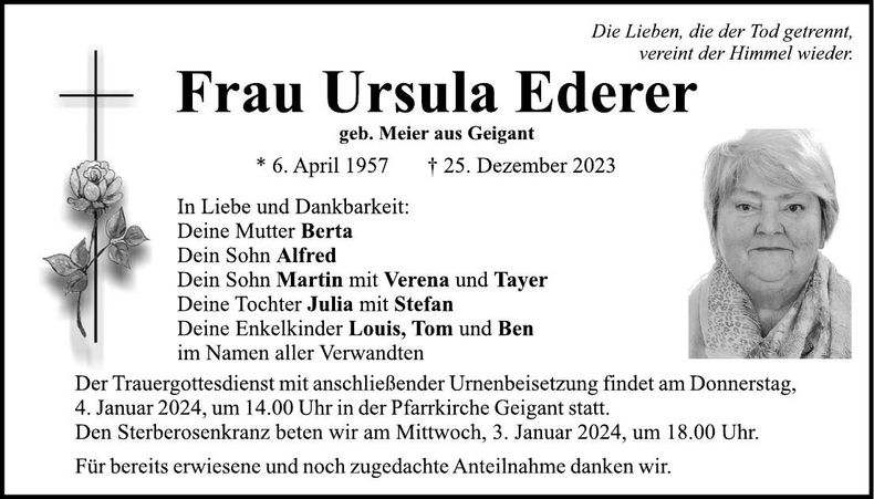 Traueranzeige Ursula Ederer
