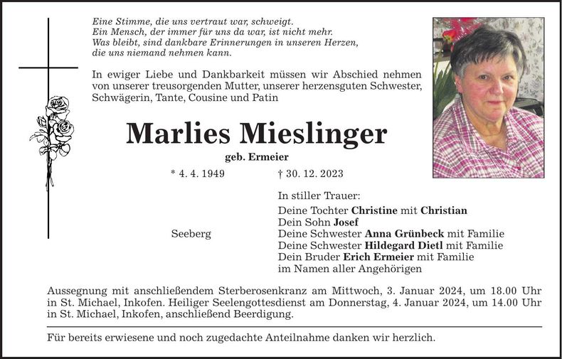Traueranzeige Marlies Mieslinger