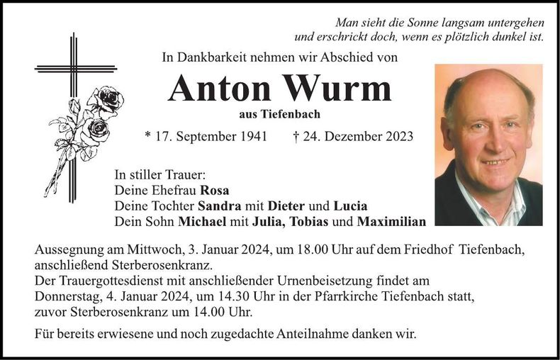Traueranzeige Anton Wurm