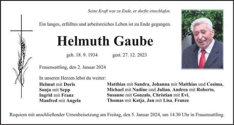 Traueranzeige Helmuth Gaube
