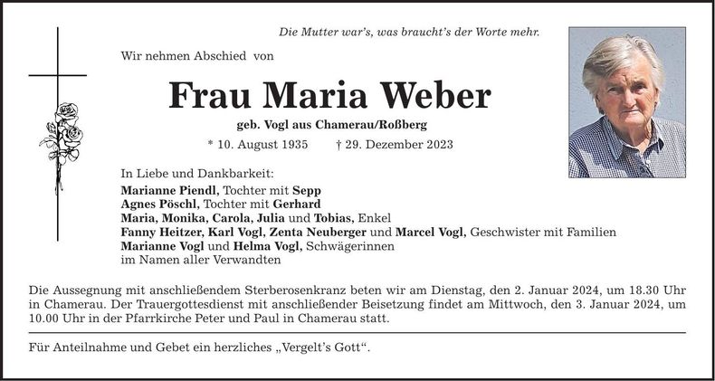 Traueranzeige Maria Weber