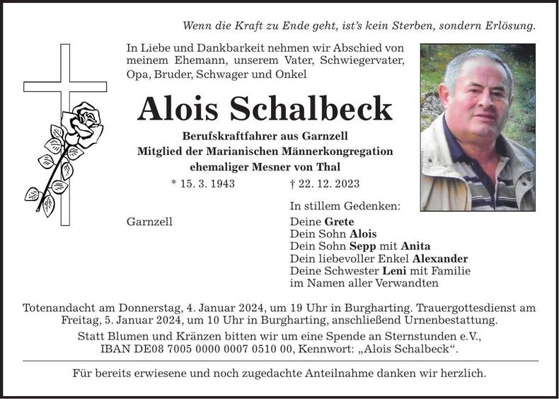 Traueranzeige Alois Schalbeck