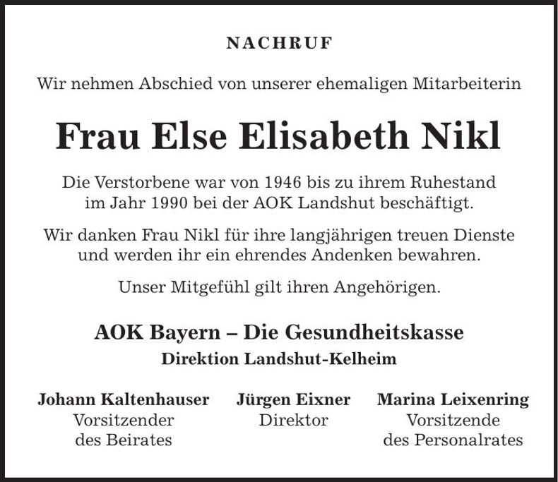 Traueranzeige Else Elisabeth Nikl