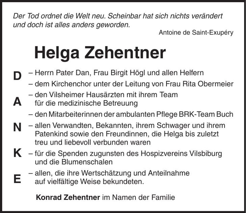 Traueranzeige Helga Zehentner