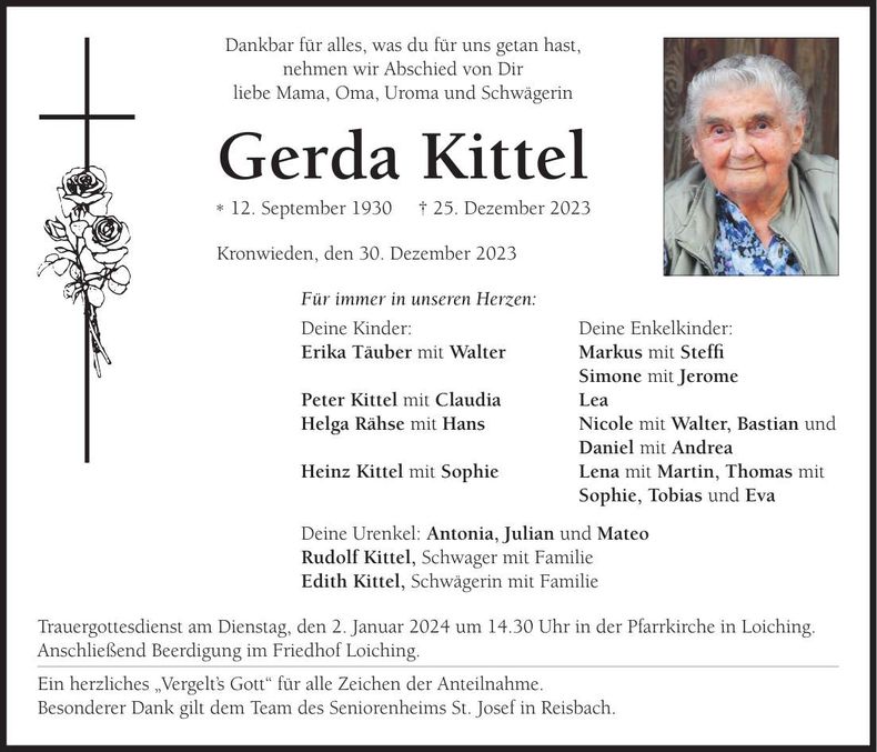 Traueranzeige Gerda Kittel