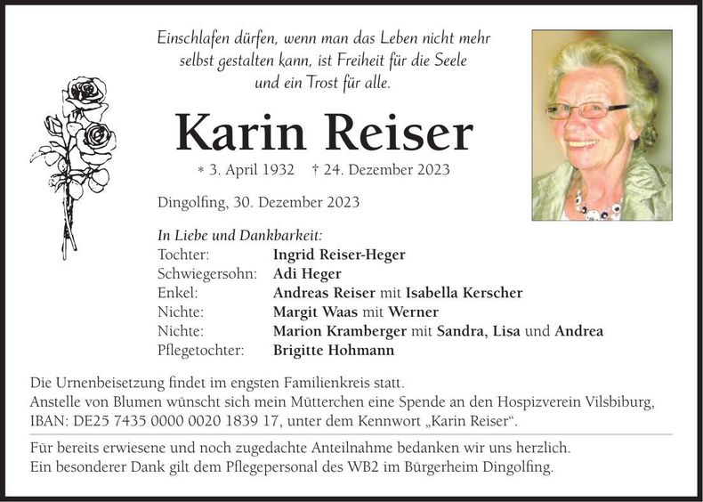 Traueranzeige Karin Reiser