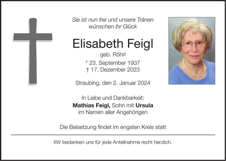 Traueranzeige Elisabeth Feigl
