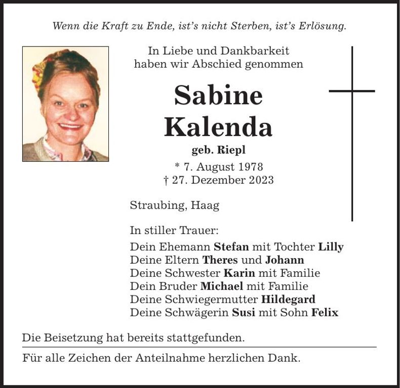 Traueranzeige Sabine Kalenda