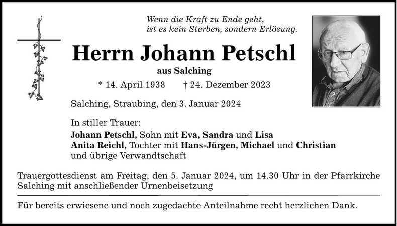 Traueranzeige Johann Petschl