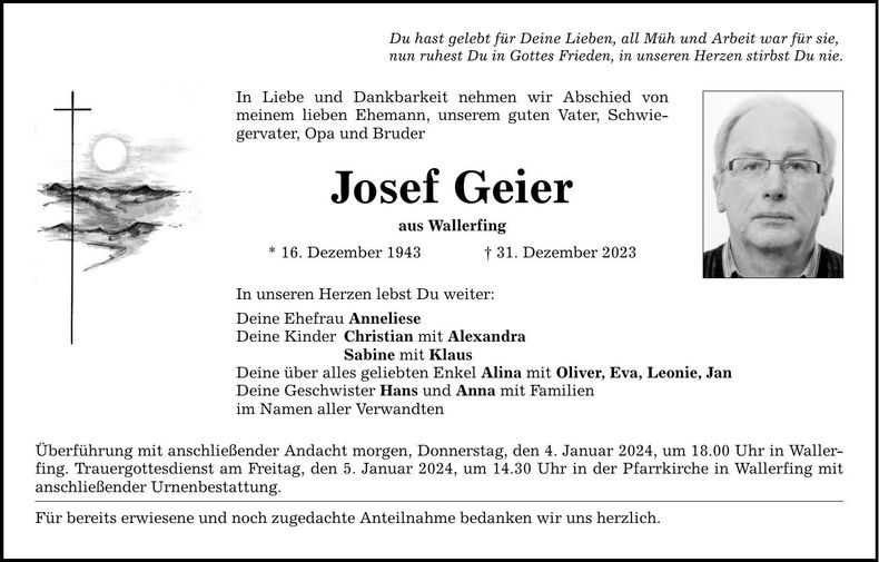 Traueranzeige Josef Geier