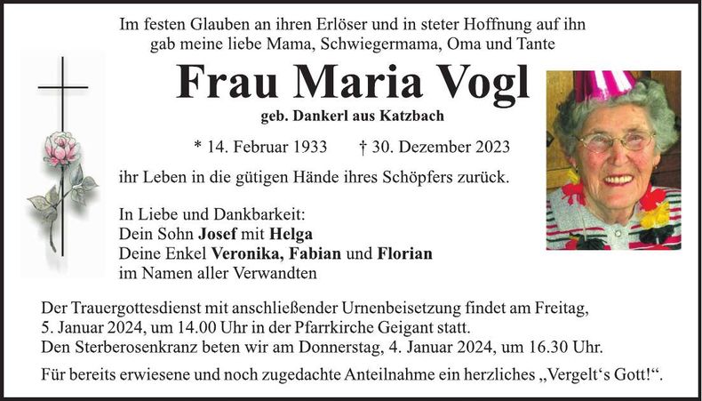 Traueranzeige Maria Vogl