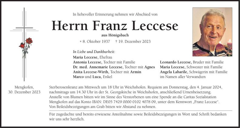 Traueranzeige Franz Leccese