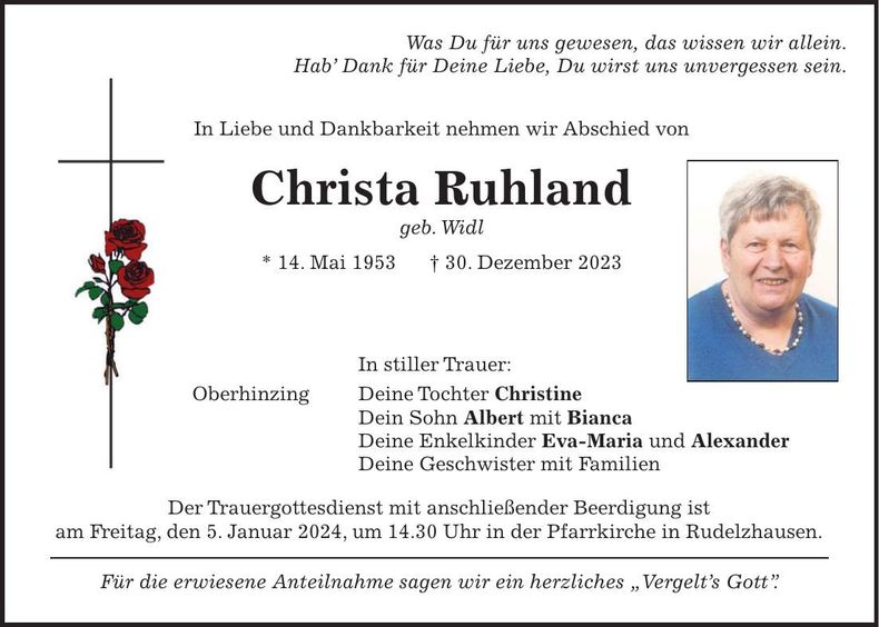 Traueranzeige Christa Ruhland