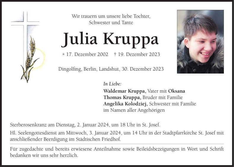 Traueranzeige Julia Kruppa