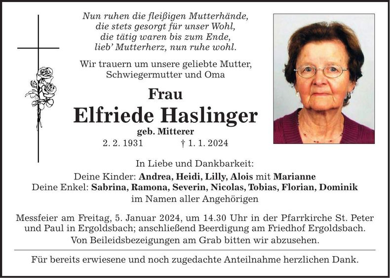 Traueranzeige Elfriede Haslinger