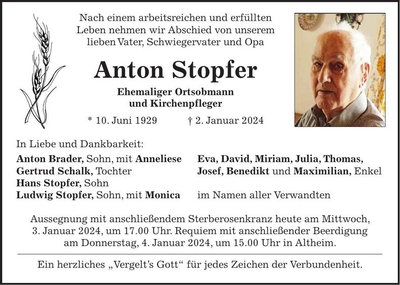 Traueranzeige Anton Stopfer
