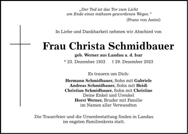Traueranzeige Christa Schmidbauer