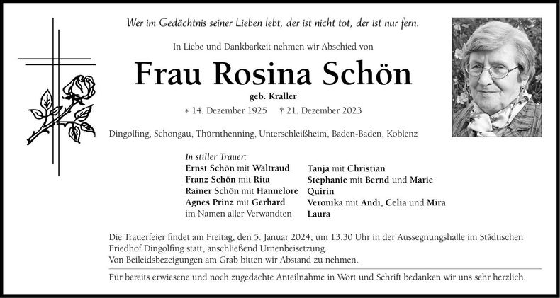 Traueranzeige Rosina Schön