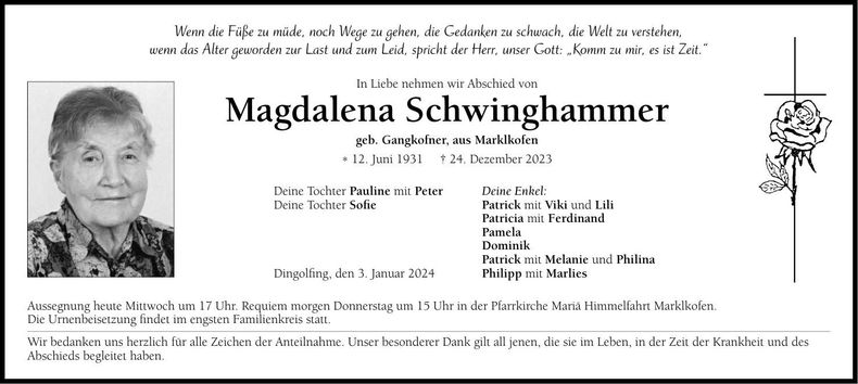 Traueranzeige Magdalena Schwinghammer