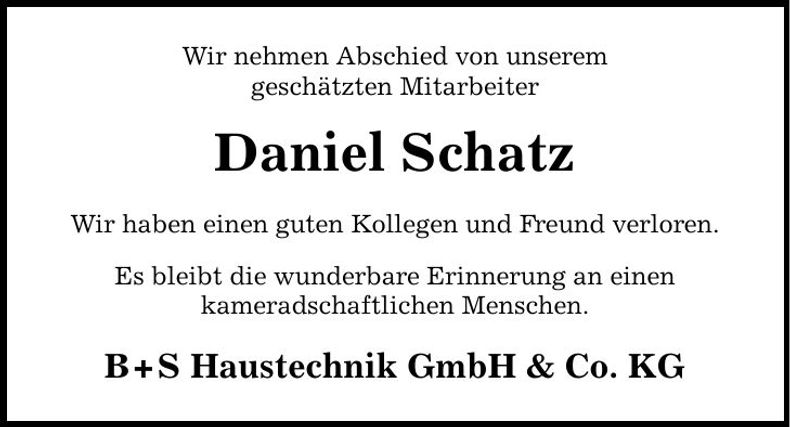 Traueranzeige Daniel Schatz