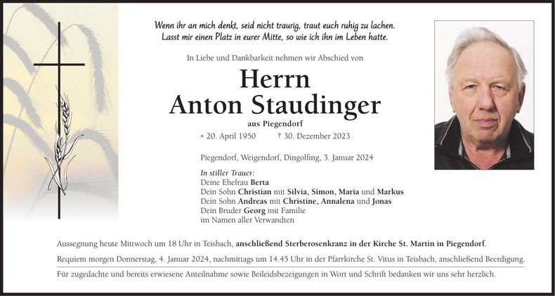 Traueranzeige Anton Staudinger