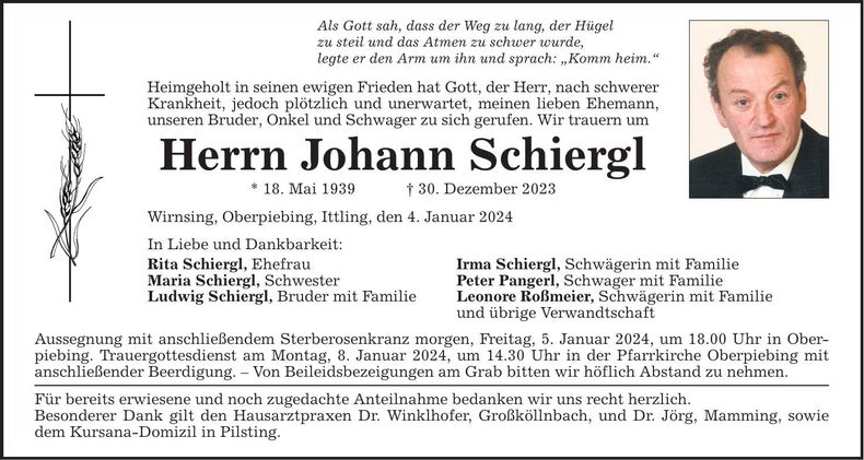 Traueranzeige Johann Schiergl