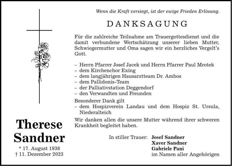 Traueranzeige Therese Sandner