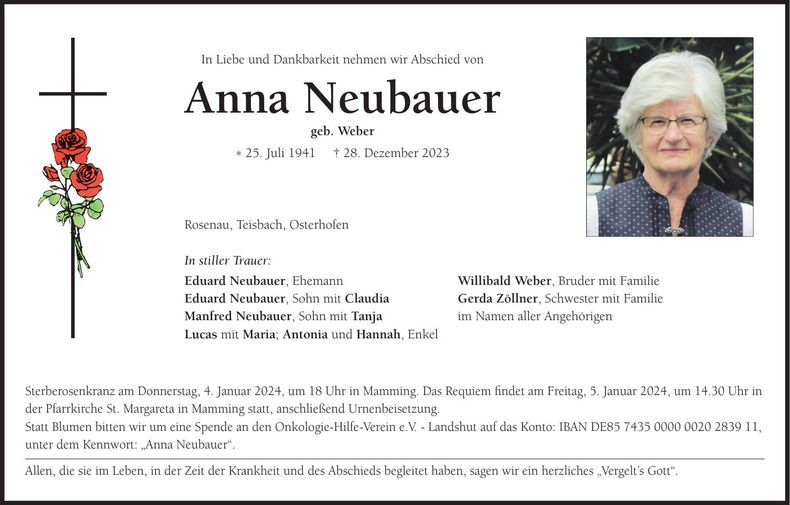Traueranzeige Anna Neubauer